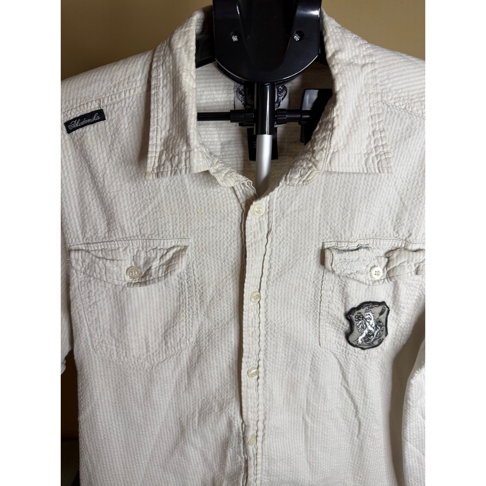 Akademiks Mens XL White Striped Seersucker Button Down Lion Patch Y2K Urban